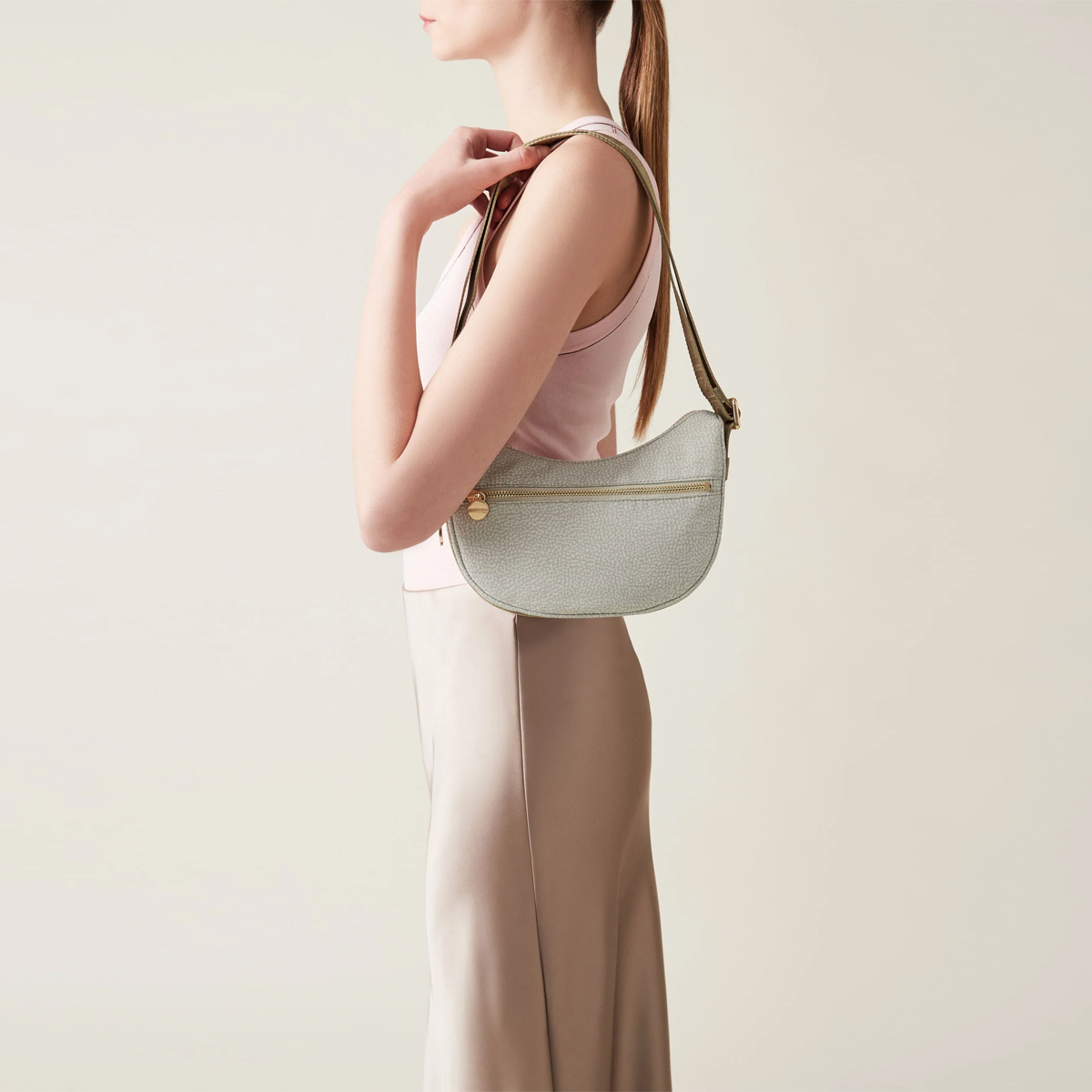 Borbonese Luna Kaki Recycled Nylon Minibag with pocket - 2 Borbonese Luna Kaki Recycled Nylon Minibag with pocket - 2