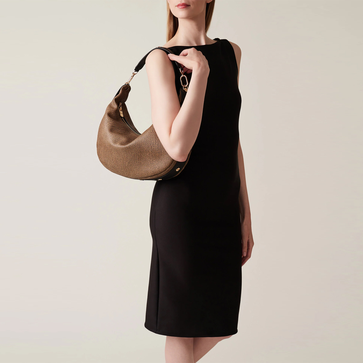 Borbonese Hobo Bag Oyster Medium in tela rivestita OP Naturale Nero - 5 Borbonese Hobo Bag Oyster Medium in tela rivestita OP Naturale Nero - 5