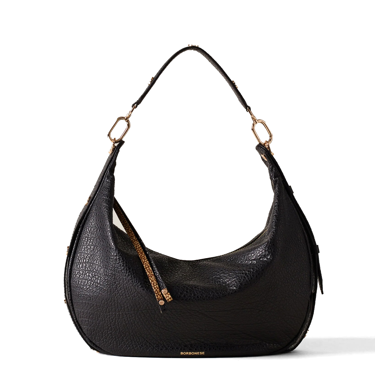 Borbonese Hobo Bag Oyster Medium in pelle Nero - 1 Borbonese Hobo Bag Oyster Medium in pelle Nero - 1