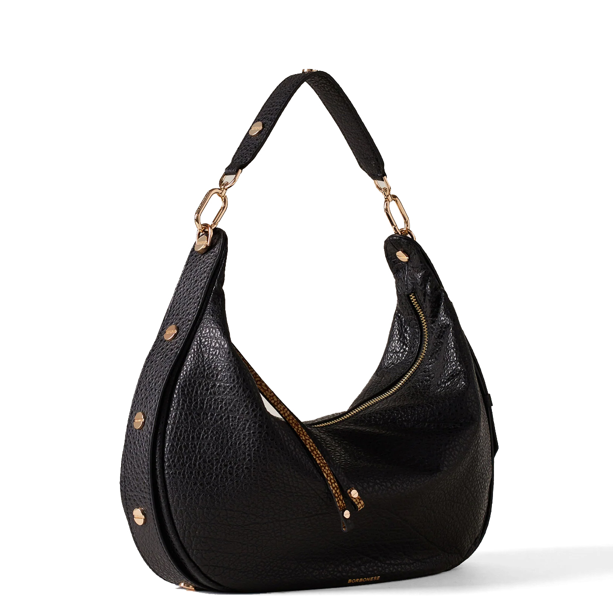 Borbonese Hobo Bag Oyster Medium in pelle Nero - 2 Borbonese Hobo Bag Oyster Medium in pelle Nero - 2