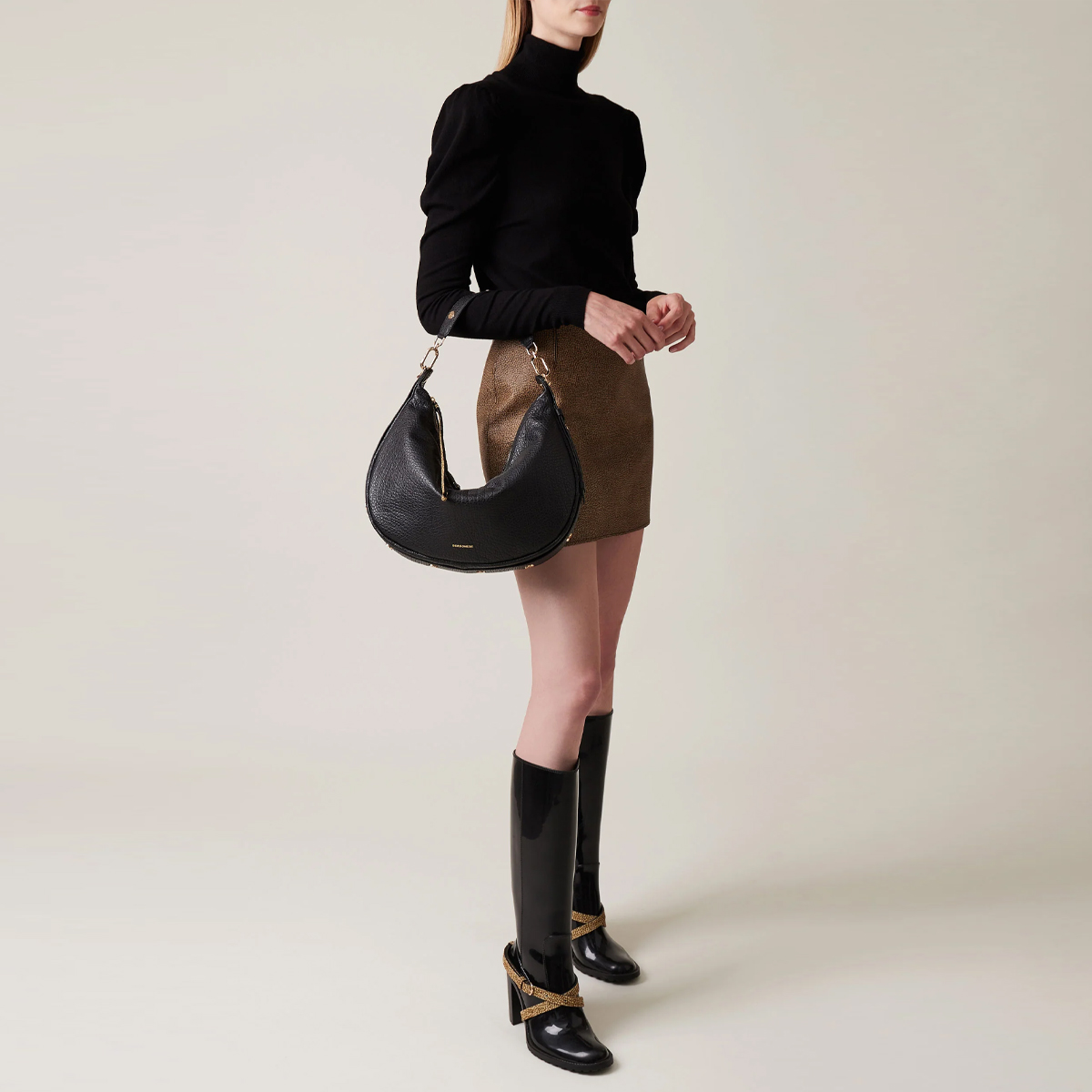 Borbonese Hobo Bag Oyster Medium in pelle Nero - 5 Borbonese Hobo Bag Oyster Medium in pelle Nero - 5