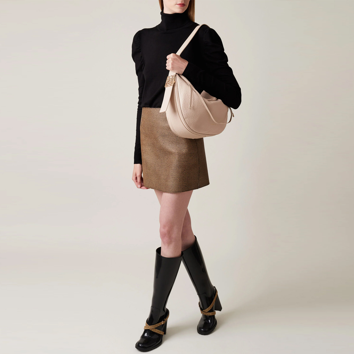 Borbonese Hobo Bag Nueve Medium in pelle Porridge - 5
