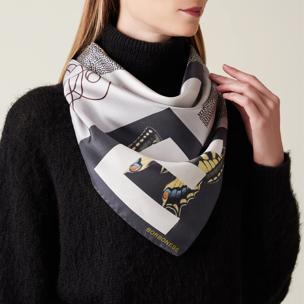Borbonese Foulard Color Block 90x90 Nero Grigio - 3